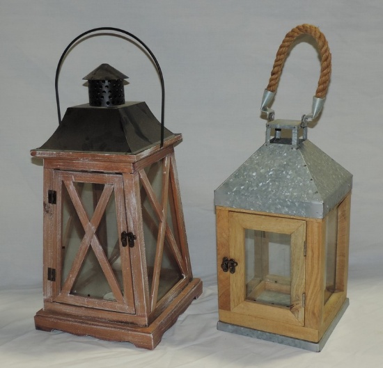 (2) Wood Candle Lanterns With Metal Roofs