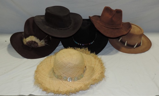 Tray Lot 5 Men's Cowboy Hats Plus 1 Straw Hat