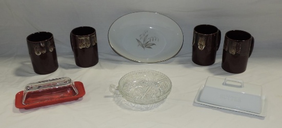 Tray Lot Ceramic Mugs, Serving dish, Butter Keepers, & More