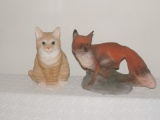 Lot of Ceramic Fox and wood Cat