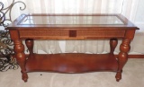 Pecan Wood Sofa Table with Glass Insert