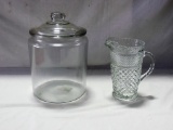 CRYSTAL CRACKER JAR WITH LID AND PRESSED GLASS WATER PITCHER