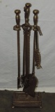 5 PIECE BRASS FIREPLACE TOOL SET ON BRASS STAND