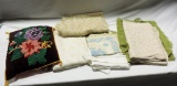 PLASTIC TOTE CONTAINING VINTAGE LINENS AND PILLOW