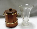 LARGE CRYSTAL VASE & PINE WOOD ICE BUCKET