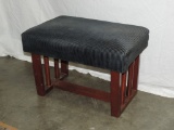 VINTAGE BLUE CLOTH COVERED FOOT STOOL WITH WOOD BASE