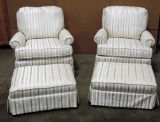 PAIR OF TAUPE SATIN UPHOLSTERED ARM CHAIRS WITH MATCHING FOOTSTOOLS