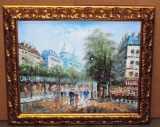 OIL ON CANVAS IN GOLD FRAME FRENCH PARISIAN STREET SCENE BY VURNEY