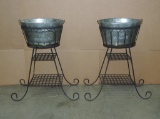 PAIR OF IRON AND GALVANIZED BUCKET BEVERAGE HOLDERS