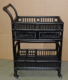 BLACK WICKER BAR CART WITH ROLLERS