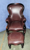 LEATHER WOOD FRAMED ARM CHAIR & MATCHING FOOT STOOL