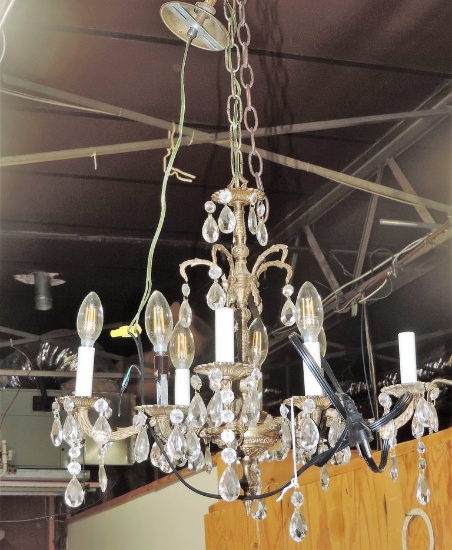 Brass Chandelier With Crystal Drop Prisms