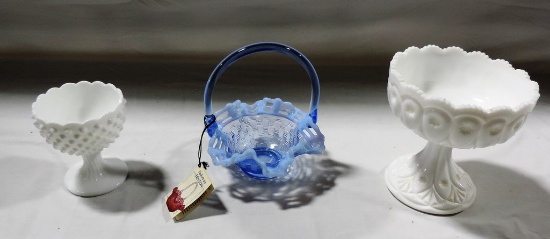 Fenton Glass Handled Basket & 2 Pcs Milk Glass