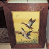 Original J. Koch 1918 Watercolor Of Ducks In Flight In Wide Oak Frame