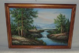 Oil On Canvas Woods With Stream Scene Painting In Wood Frame