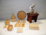 Miscellaneous Wood Bench & Rabbit Décor Lot