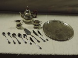 Stieff Pewter 3 Pc. Tea Set Williamsburg Pattern, Stainless Flatware & Presentation SP Tray