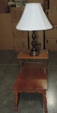 Vintage Maple Step Down End Table With Brass Lamp