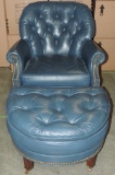 Hancock & Moore Blue Leather Arm Chair & Ottoman