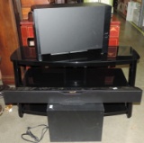 Glass 3 Shelf Media Cabinet, Bose Surround Sub, Klipsch Sound Bar & Sub