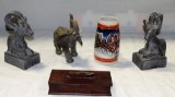 Tray Lot Ram Bookends, Elephant Figurine, Budweiser 1999 Mug & Small Box