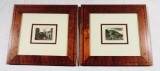 Pair Of Small Hand Colored Prints In Inlaid Wood Frames