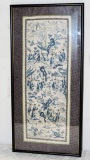 Blue & White Silk Embroidered Oriental Cloth Panel In Frame