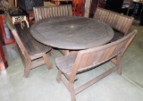 Teak Round Outdoor Patio Table With 4 -2 seat benches, measures 27 1/2