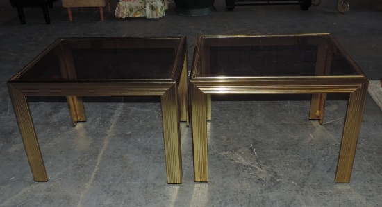 Pair of Brass Smoked Glass Contemporary End Tables