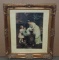 Faux Oil On Board Of Victorian Woman With Her Children In Fancy Gold Frame