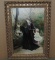 Vintage Oil On Canvas Of 2 Women With Child In Garden, Ornate Gold Frame