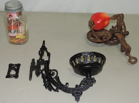 Cast Iron Wall Lamp Holder, Ball Jar, & Antique Apple Peeler