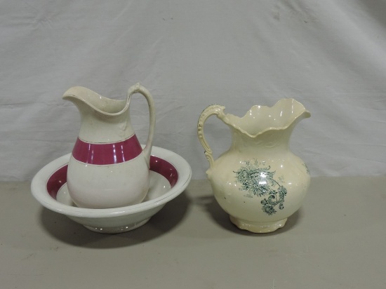 Antique Ironstone Wash Bowl & Pitcher & Green Transfer Pitcher