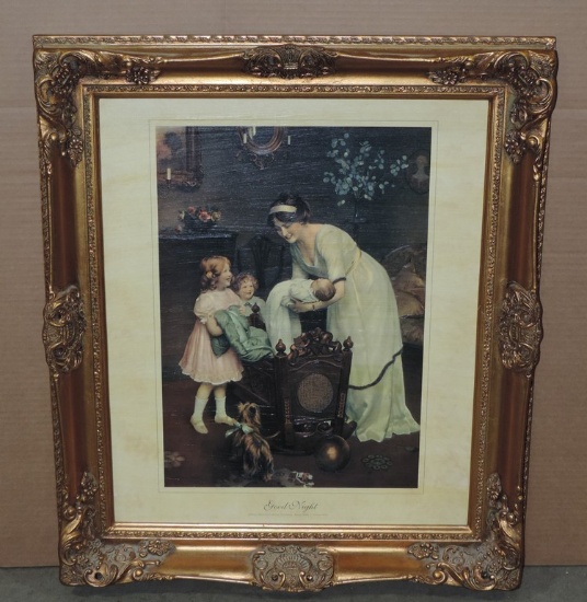 Faux Oil On Board Of Victorian Woman With Her Children In Fancy Gold Frame