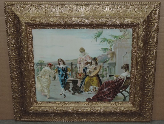 Antique Chromolithograph Spanish Scene in Ornate Gold Frame