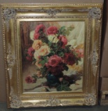 Color Canvas Print Of Roses In Vase In fancy Gold Carved Frame