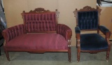2 Pieces, Carved Victorian Settee & Matching Armchair