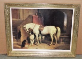 Vintage Color Print Of Dog & Horse In Stable