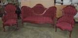 3 pc Mahogany Rose Carved Victorian-Style Sofa & 2 Matching Armchairs