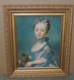 Color Chromolithograph Of Woman With Cat In Antique Gold Frame