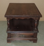 Mahogany Square-Shaped End table With Lower Shelf & Drawer