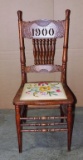 Rare Dated Antique Oak Side Chair With Needlepoint Seat