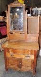 Antique Oak 2 Drawer Wash Stand With Mirror And Towel Bar