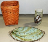 Longaberger Waste basket, Dresser Tray & Pottery Vase