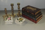 4 Easton Press Leather Bound Books, Brass Candlesticks, Needlework Flower Coasters