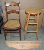 Antique Cane Seat Chair, Pine Wall Shelf & Pine Bar Stool