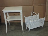 Small French-Style White Table & Antique Wicker Magazine  Rack