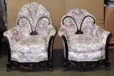 A Pair Of His & Her Overstuffed & Wood Carved Armchairs