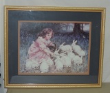 Gold Framed Victorian Style Color Print Of Child Feeding Rabbits