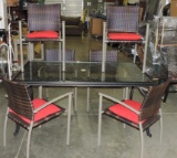 Black Aluminum & Glass Top Patio Table And Set Of 6 Chairs